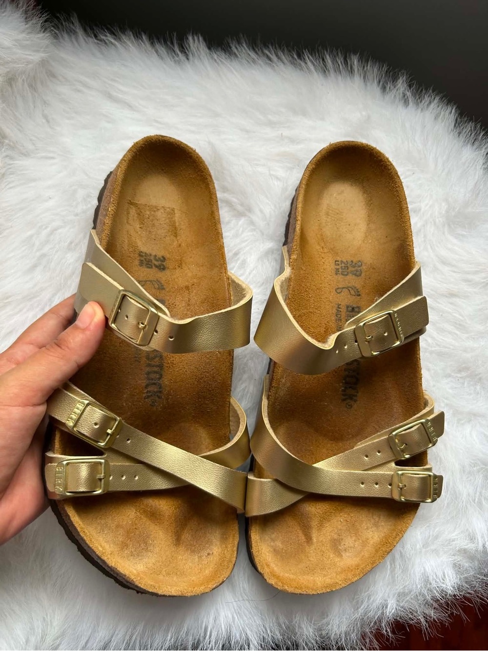 Birkenstock Metallic Gold Triple Buckle Slide Sandals